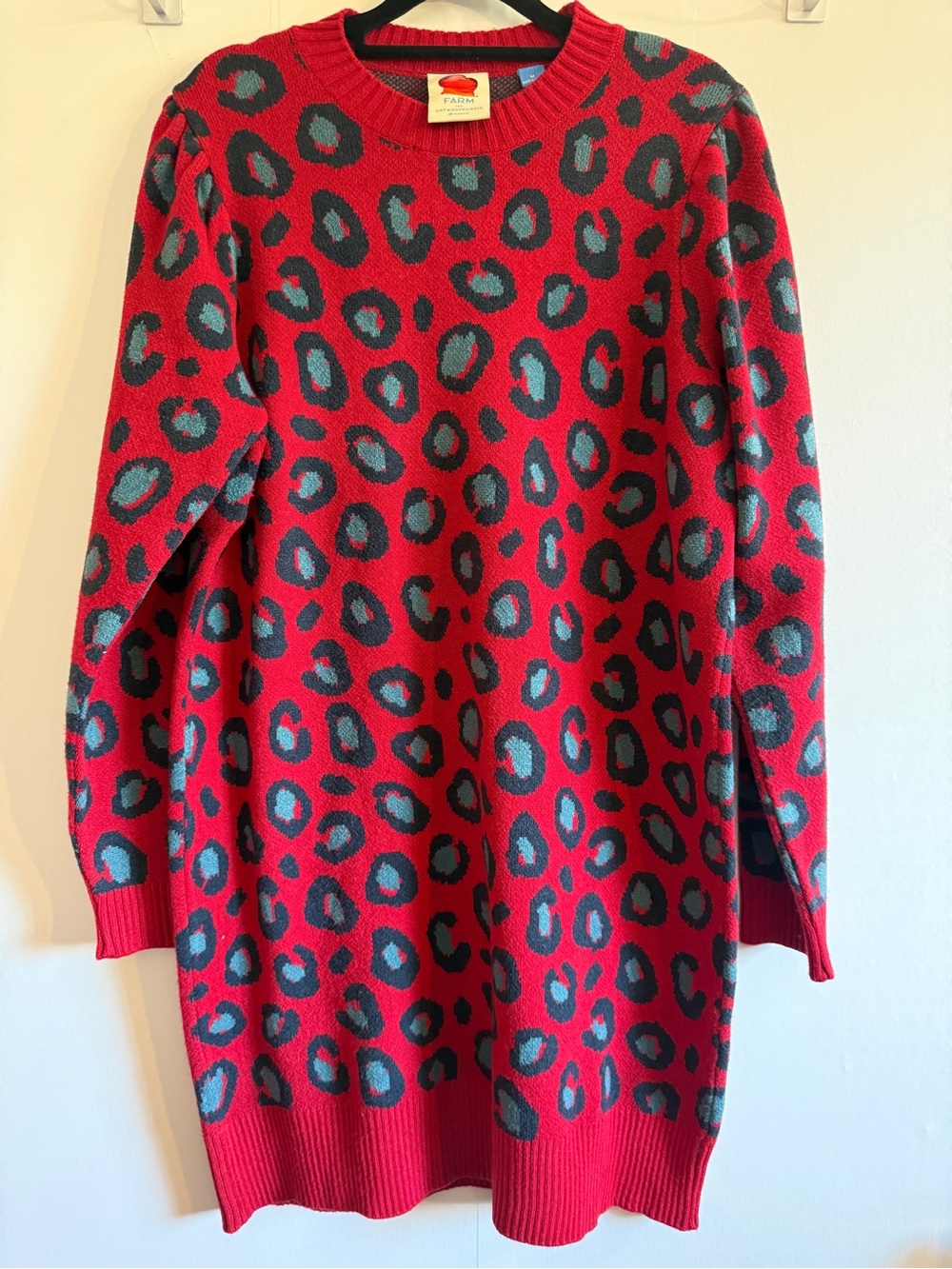 FARM Rio Anthropologie Red Leopard Print Sweater Dress Size M Animal Print